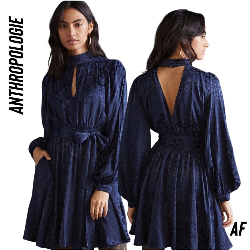 ANTHROPOLOGIE JACQUARD MINI DRESS NAVY NEW MEDIUM